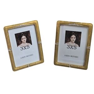 Lot of 2 Aaron Brothers Gold Enamel Rhinestone 3x5 Tabletop Picture Frame Pair